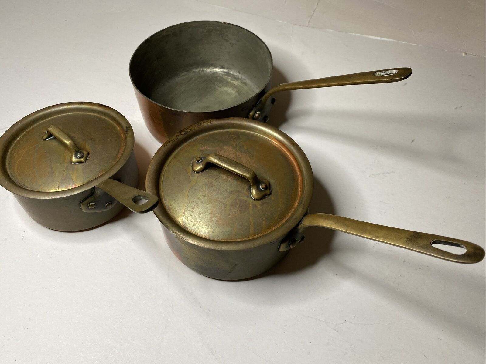 Set Of 3 Copper Pots 2 Lids MADE IN FRANCE Brass Handles French Kitchen Read Des