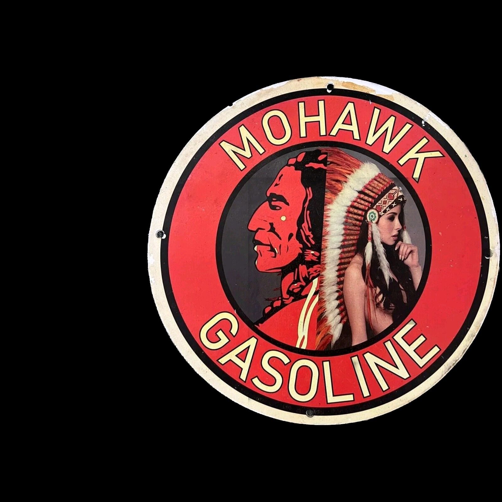 MOHAWK GASOLINE NUDE GIRL PORCELAIN ENAMEL GAS OIL GARAGE MOTOR SERVICE SIGN