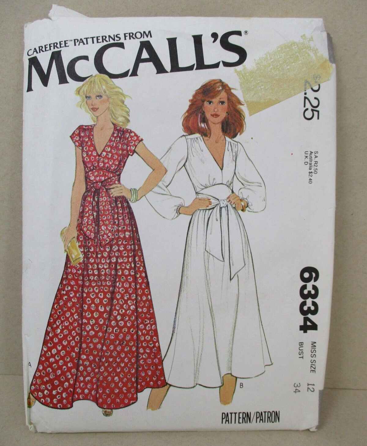 Vintage McCalls 6334 Sewing Pattern 1970s Maxi Tie Dress Misses 12 Bust 34 Uncut