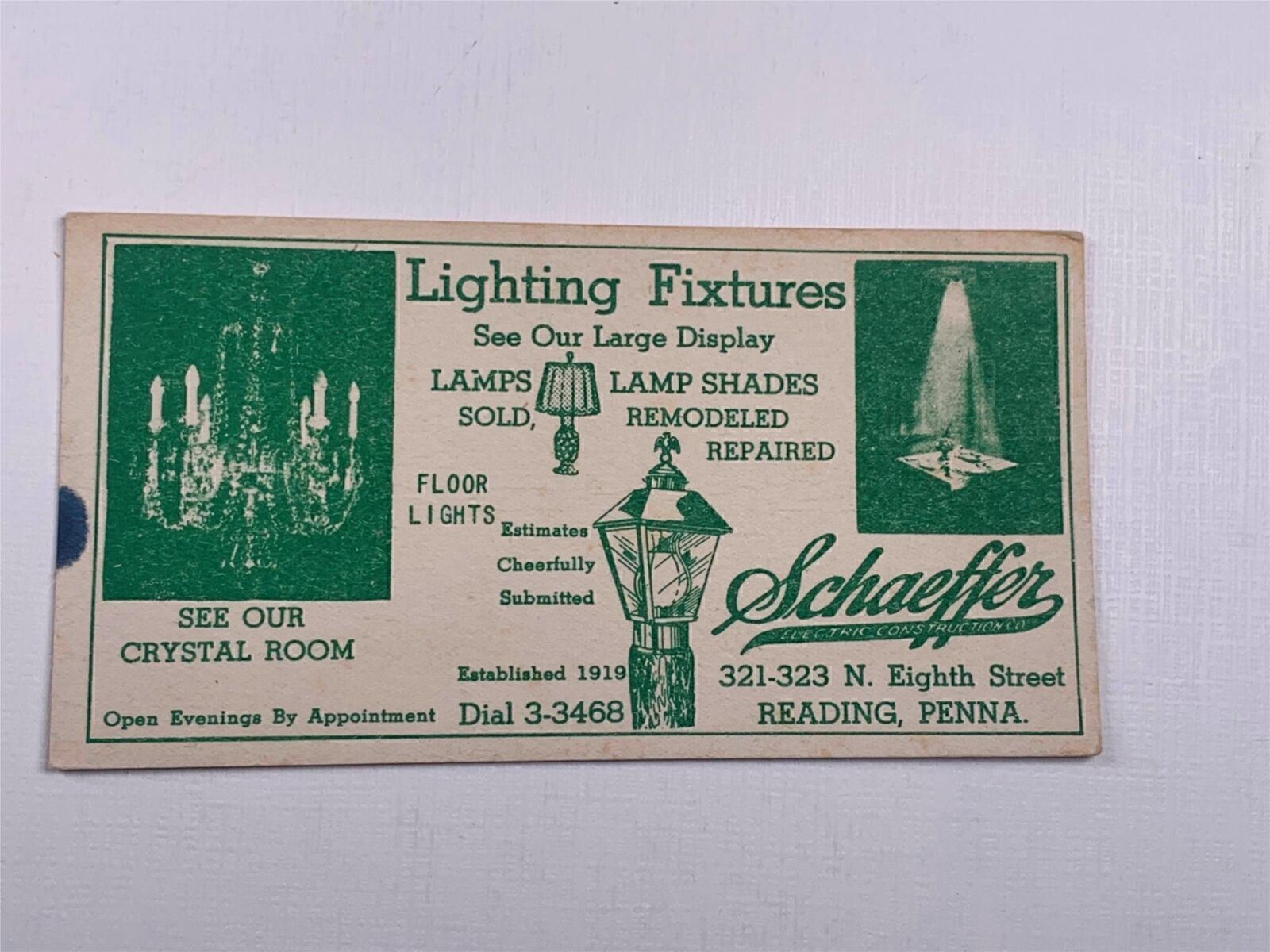 Vintage Inkblotter Lighting Fixtures Schaeffer Reading PA 