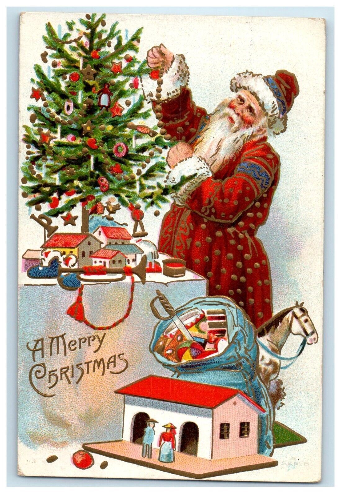 1910 Merry Christmas Santa Claus Decorate Christmas Tree House Toys Postcard