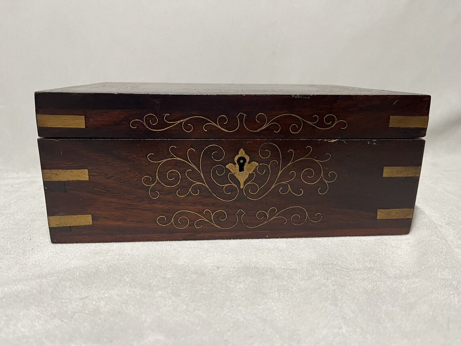 Antique Wood with Brass Inlaid Handcrafted Jewlery Box Two Shelves 7.5”x 10”