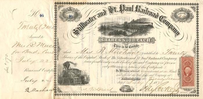 Stillwater and St. Paul Railroad Co. signed by Jay Cooke, Jr. - Autographed Stoc