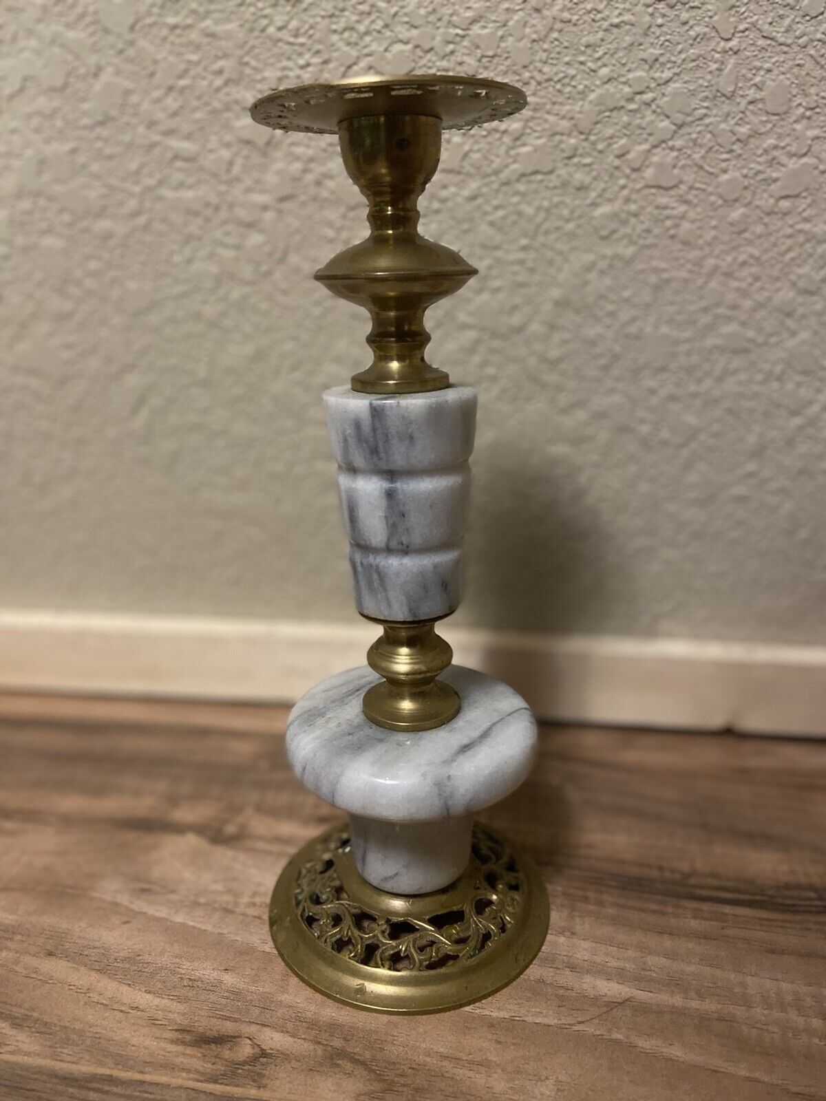 Brass Marble Ornate Lamp Base Heavy White Gray Gold 10.5” Tall