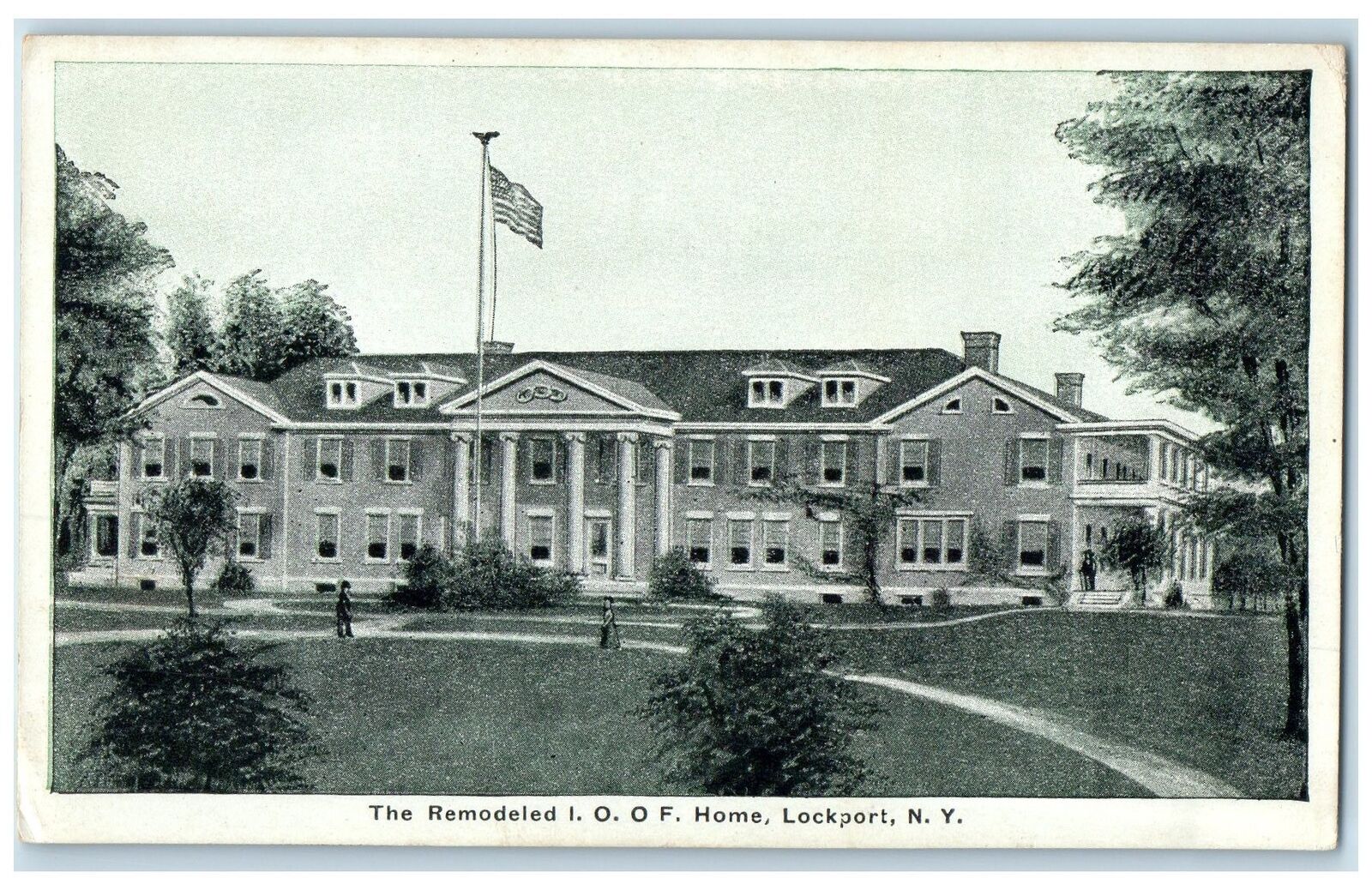 c1920's The Remodeled I.O.O.F. Home Exterior Lockport New York Flagpole Postcard