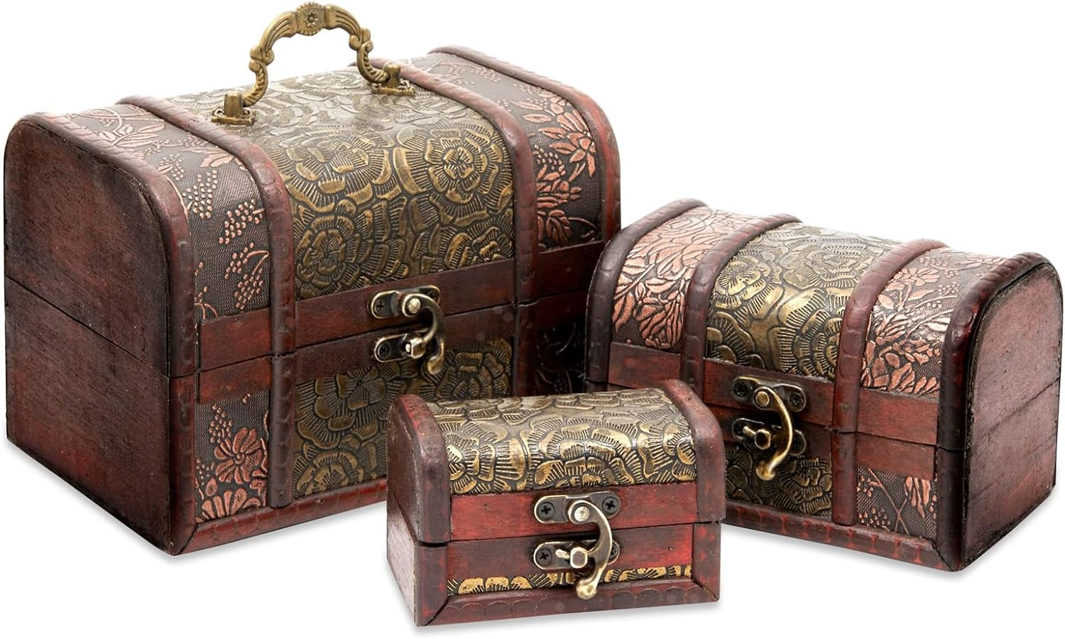 3-Set Small Wooden Treasure Chest Boxes with Flower Motifs Decorative Vintage St