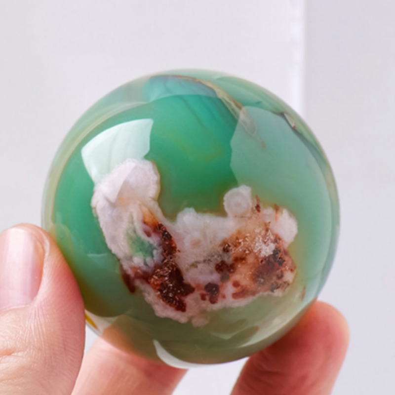 50MM+ One Natural Green Cherry Blossom Agate Crystal Sphere Ball Healing +Stand