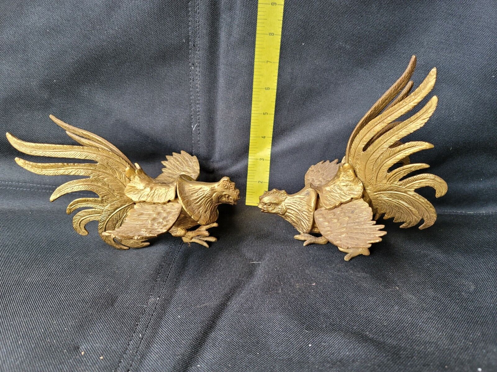 Vintage Made In Japan Yellow Brass Fighting Roosters Cocks Great Shape