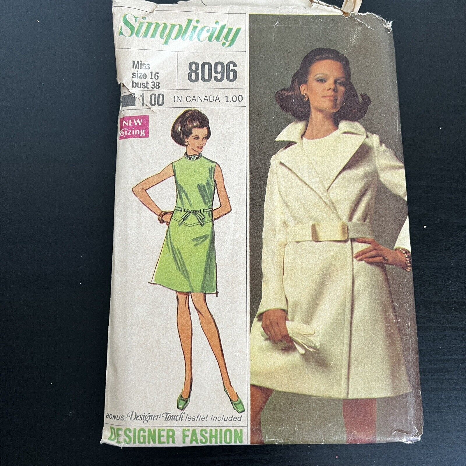 Vintage 1960s Simplicity 8096 Mod Designer Coat + Dress Sewing Pattern 16 UNCUT