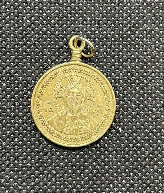 VINTAGE Jesus Medal Orthodox Icon Brass Nice Patina Greek Russian Charm Pendant