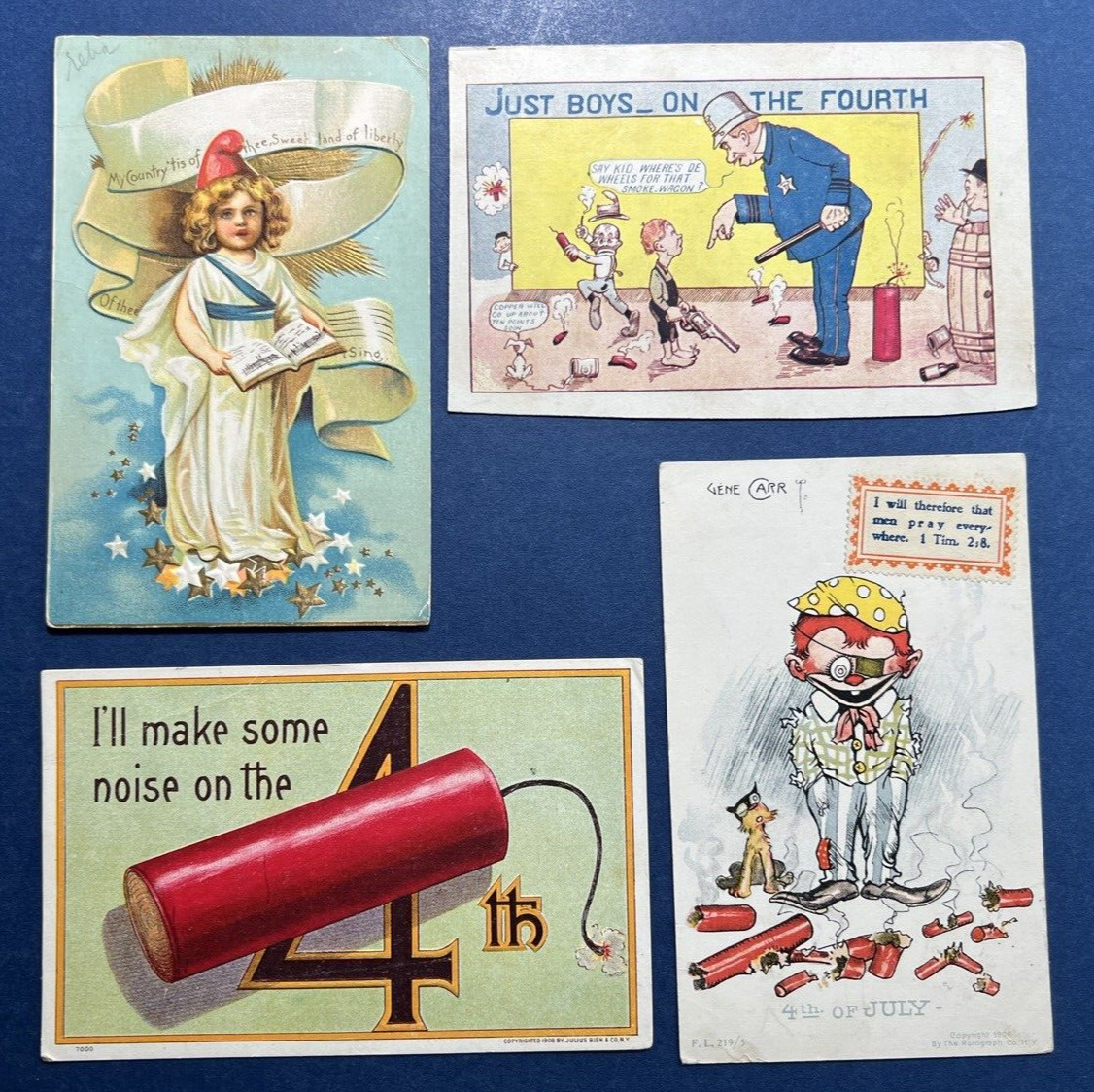 4 Fourth of July Antique Patriotic Postcards. 1910 era. Children. Humor / Comic