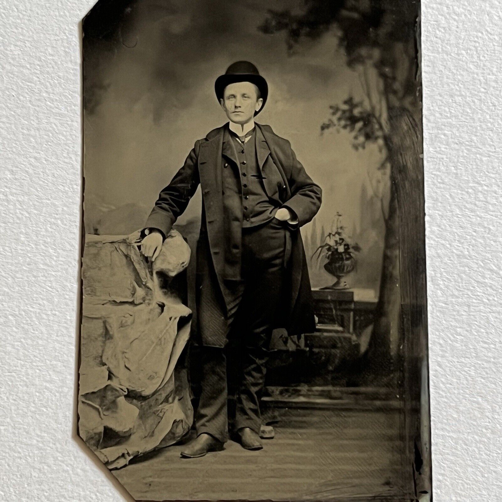 Antique Tintype Photograph Handsome Charming Young Man Bowler Hat Attitude