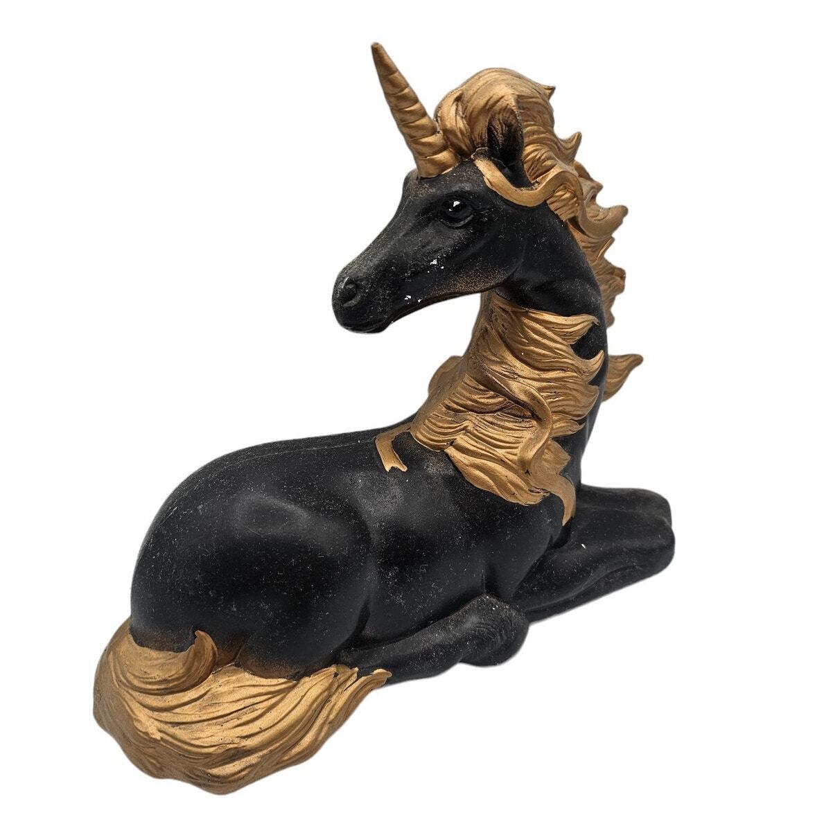 Vintage 1990s Hand Painted Laying Down Unicorn Figurine Black Gold Mane Whimsy
