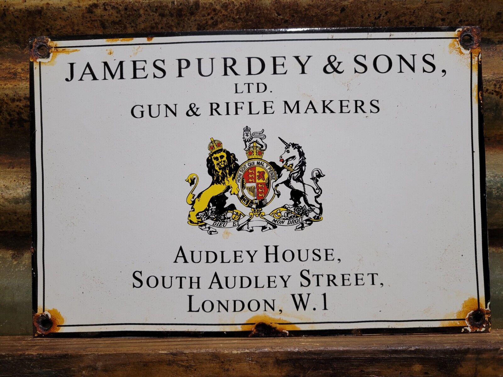VINTAGE JAMES PURDEY & SON PORCELAIN SIGN GUN RIFLE MAKER AMMUNITION LONDON UK