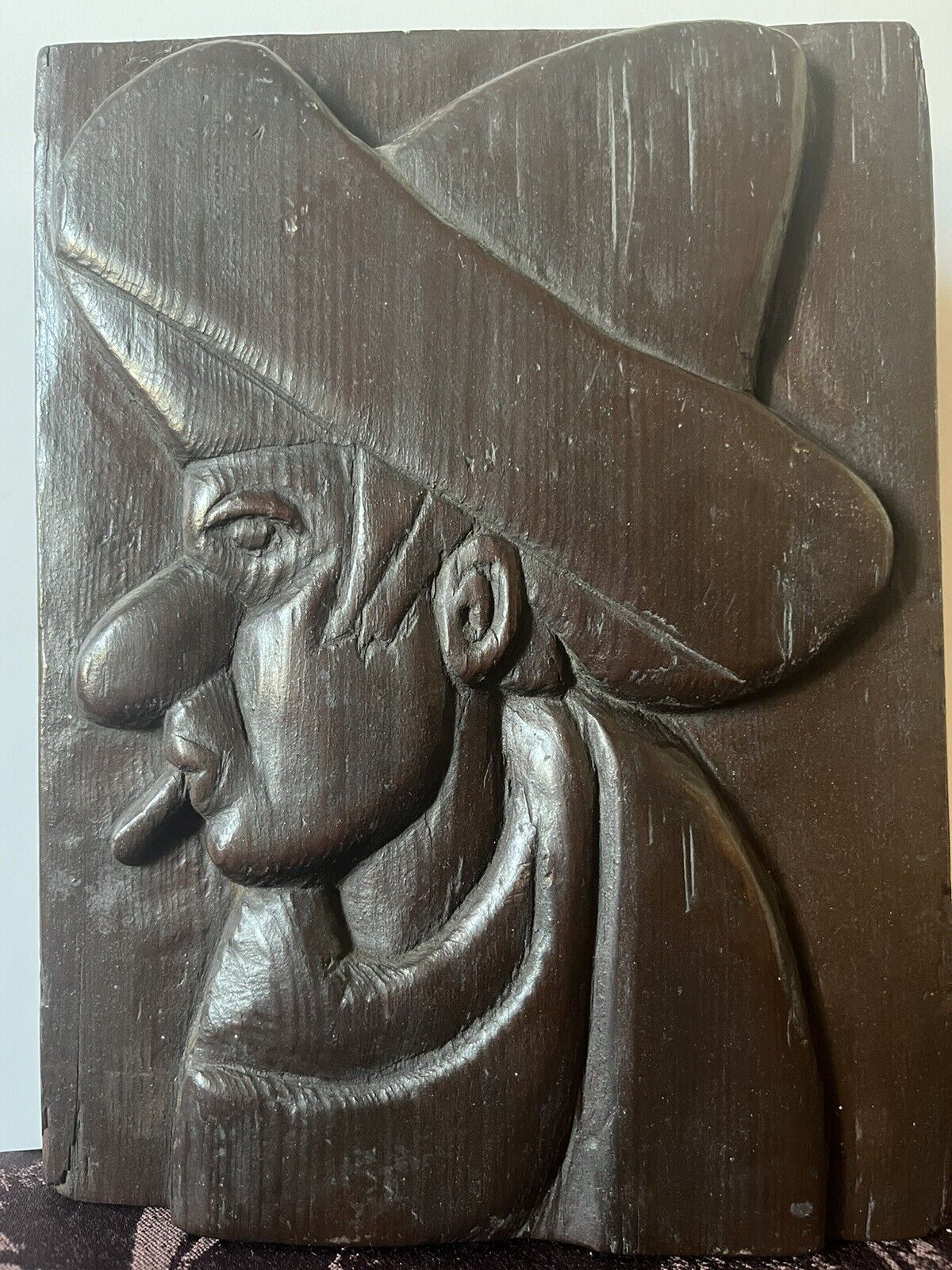 MCM Hand Carve Wood 3D Relief Plaque Mexican Man Sombrero Smoking Cigar Signed