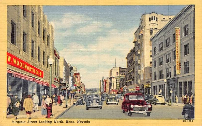 Postcard NV: Virginia Street, Woolworth's, Old Cars, Reno, Nevada, Linen