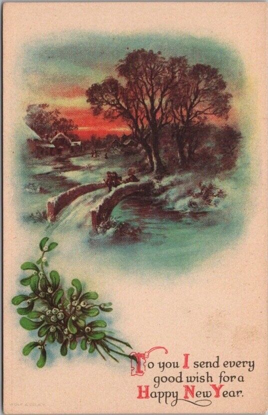 c1910s Wolf HAPPY NEW YEAR Postcard Winter Scene / Un-Signed CLAPSADDLE - Unused