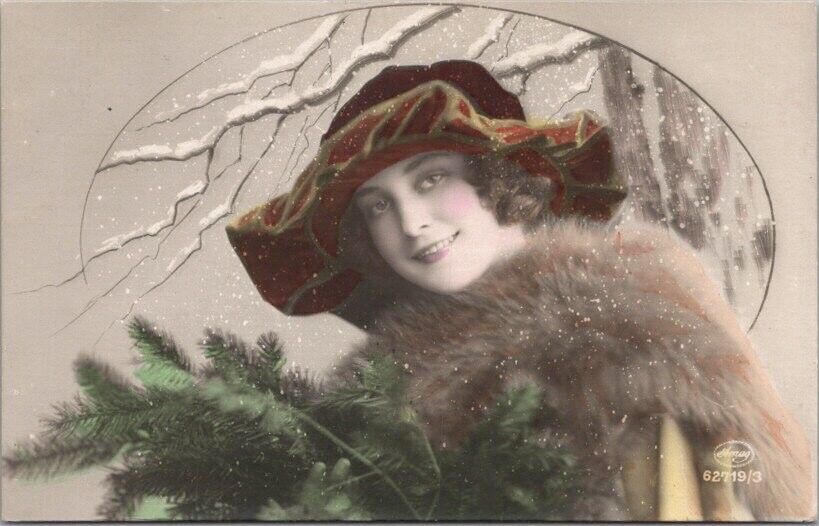 Vintage 1910s Pretty Lady Glamour Fashion RPPC Postcard Fur Coat / Tinted Photo