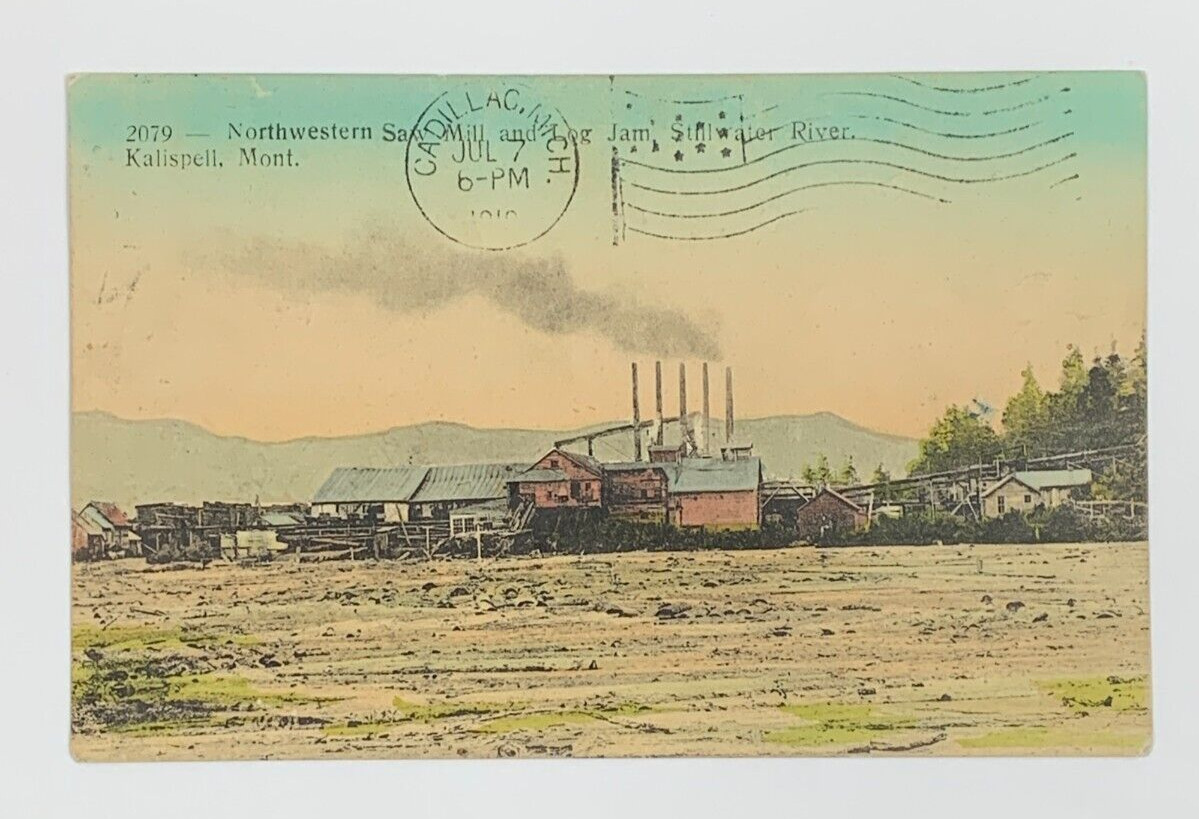Northwestern Saw Mill and Log Jam Stillwater River Kalispell Montana Postcard