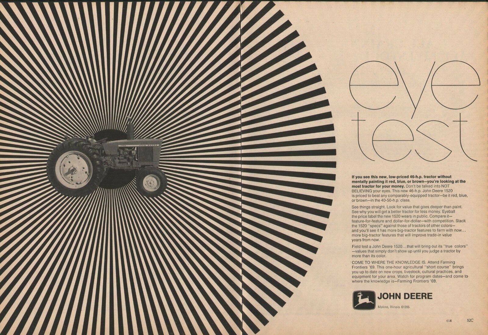1969 2pg Print Ad of John Deere 1520 Farm Tractor Eye Test