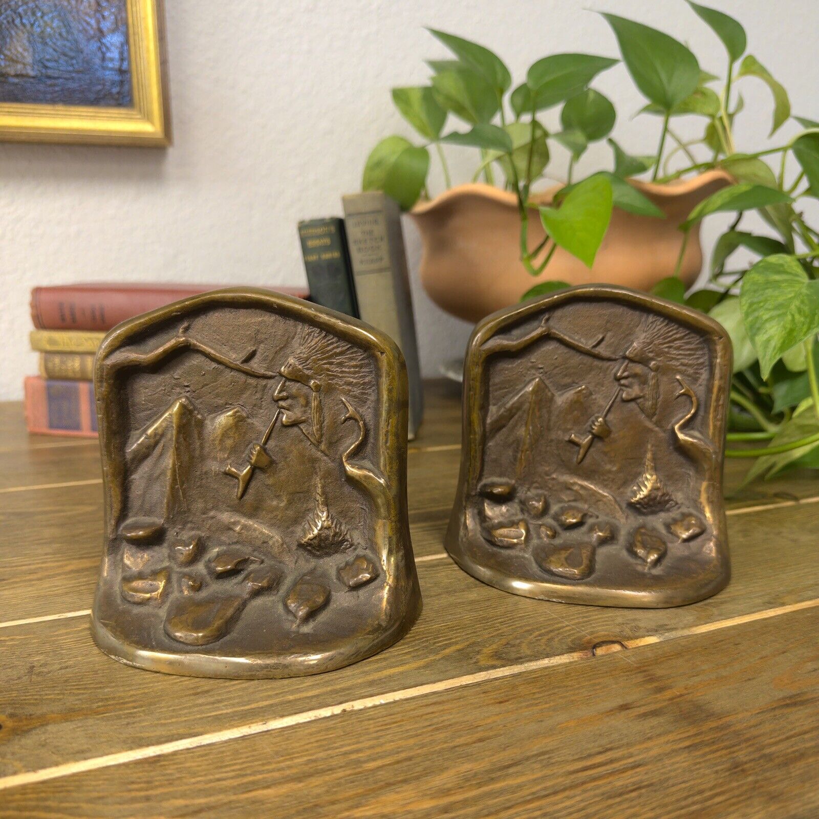 Rare Vintage Heavy Brass Bookends of Native American Indian Chief with Pipe