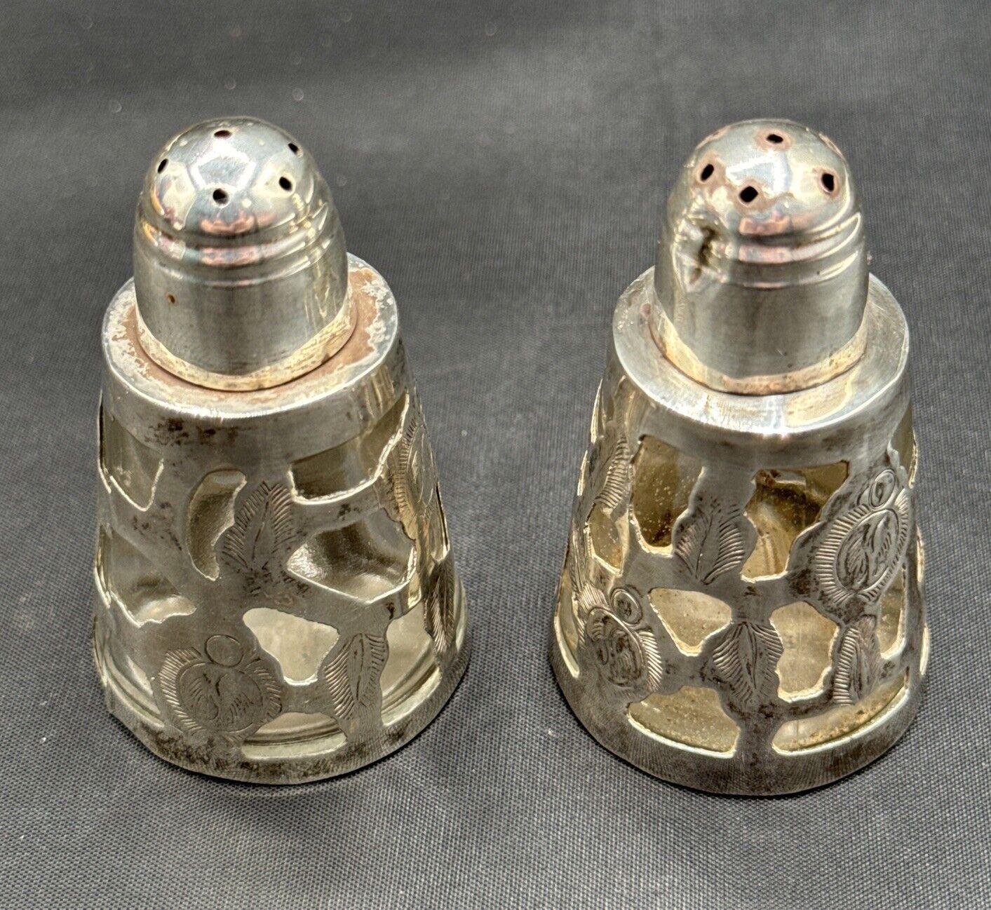 Mexican Sterling and Glass Salt and Pepper Shakers