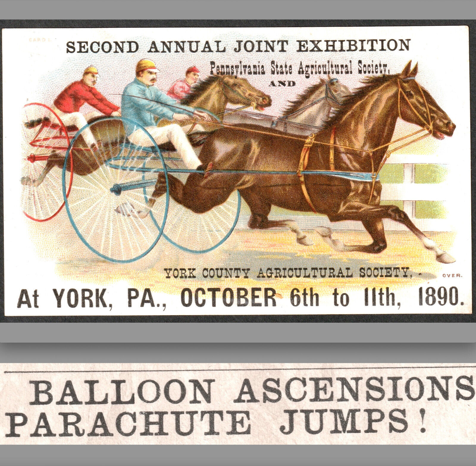 1890 Horse Race York Pennsylvania Hot Air Balloon Race Parachute Jump Trade Card