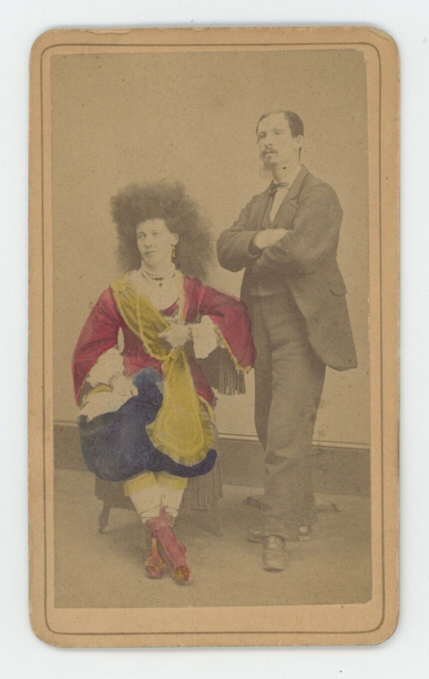Antique Extremely Rare Colored CDV c1870s Circus Freak Circassian Lady w. Man