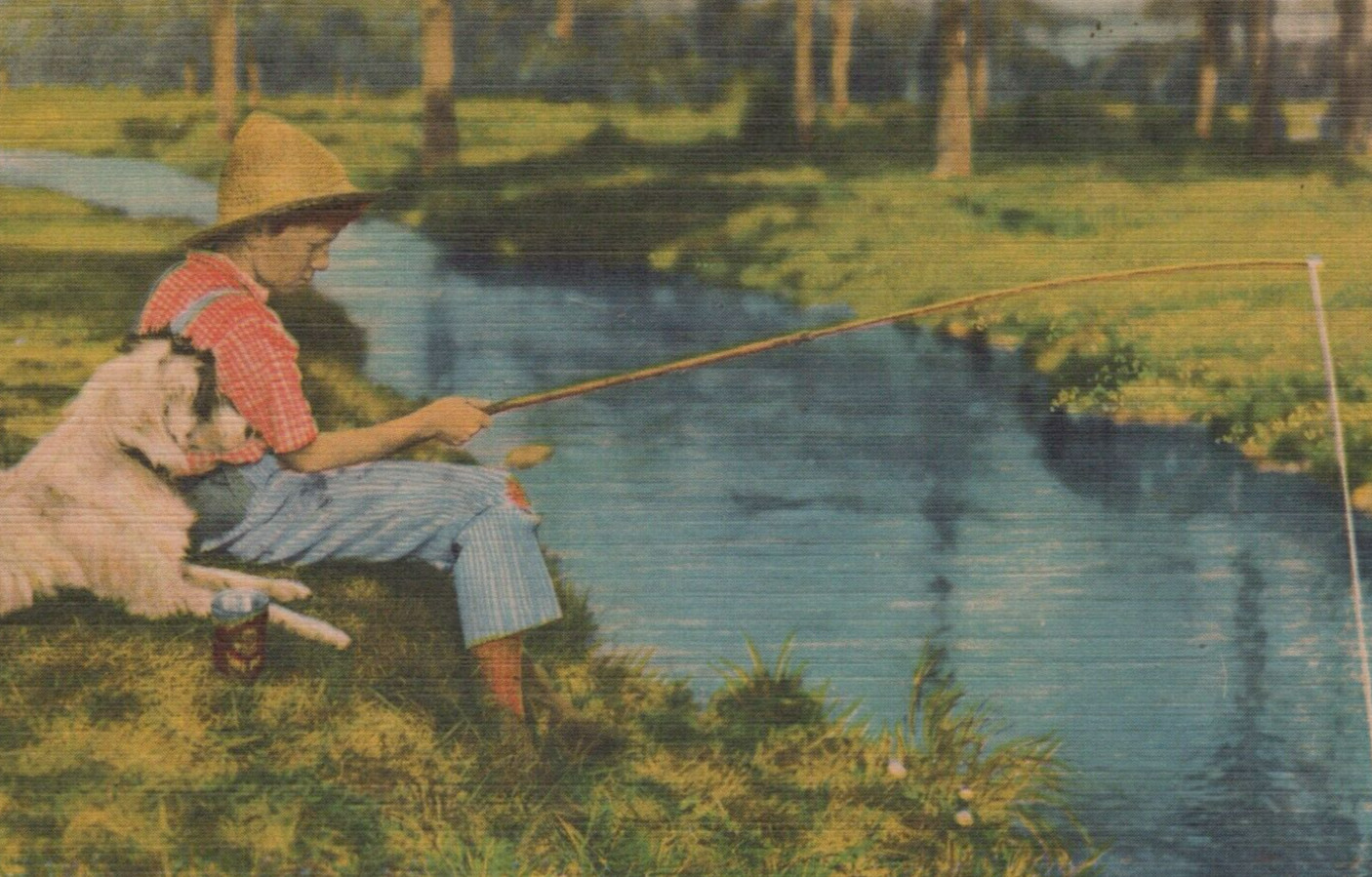Boy and His Best Friend Fish from a Countryside Creek Linen Vintage Post Card