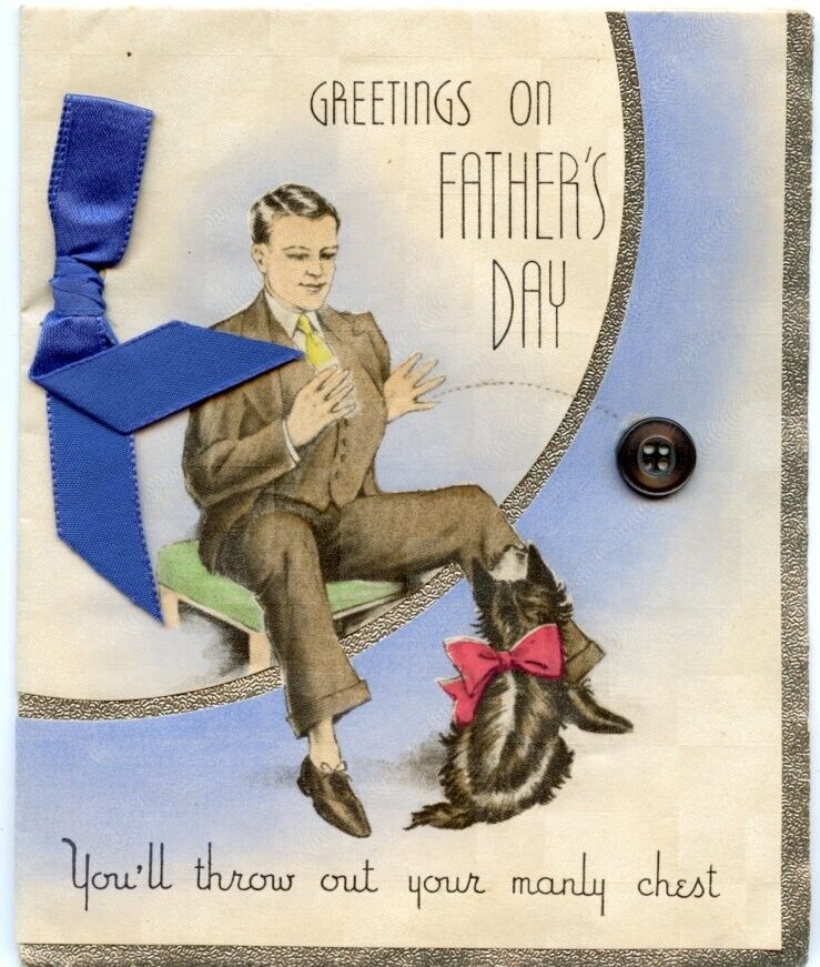 Vintage Father's Day Card Button Pop Vest Manly Chest Unused 1940s