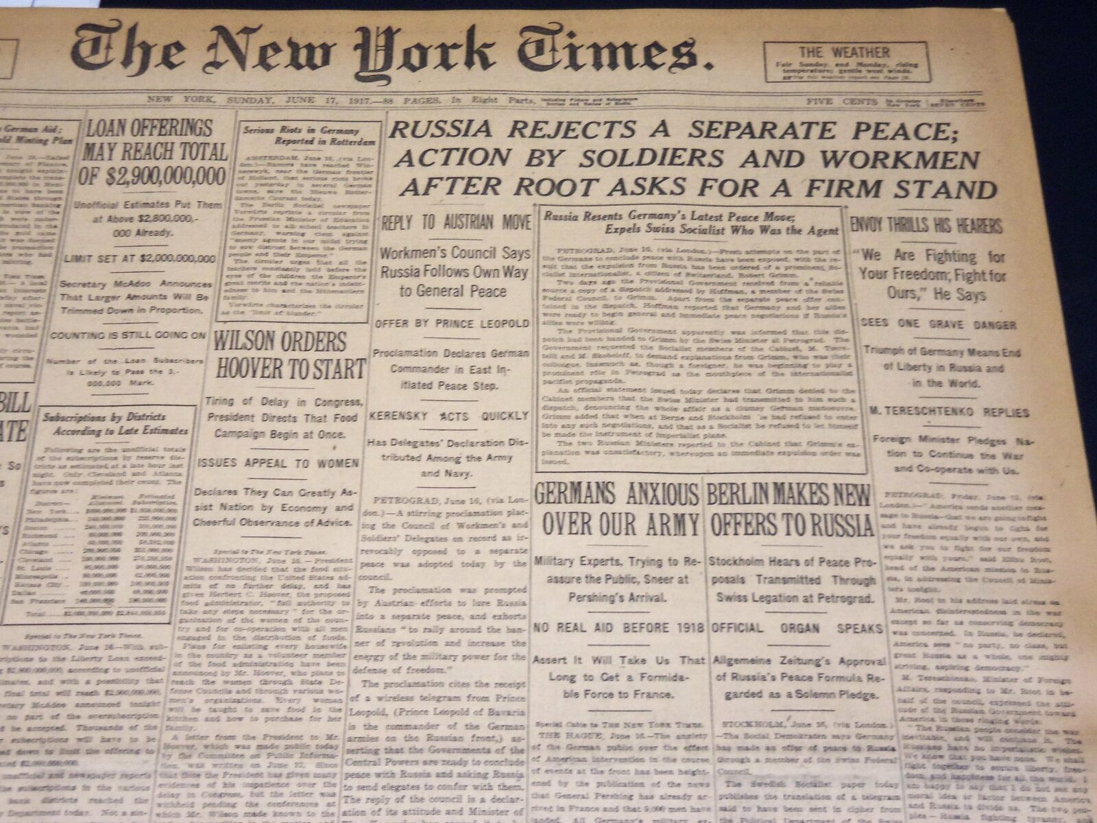 1917 JUNE 17 NEW YORK TIMES NEWSPAPER- RUSSIA REJECTS A SEPARATE PEACE - NT 7798