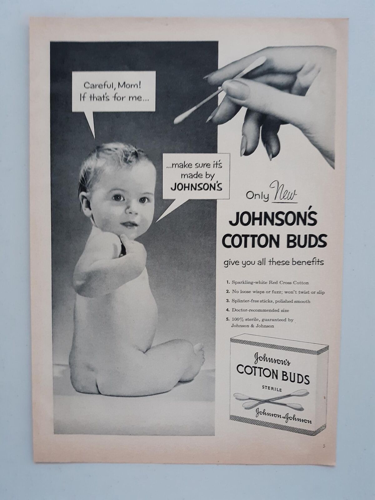 1954 Johnson's Cotton Buds Sterile Swabs Baby Care Vintage Magazine Print Ad