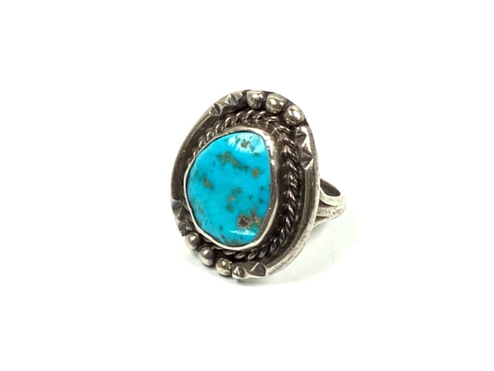 Thompson Platero Navajo Signed 925 Sterling Ring w/Bezel Set Blue Turquoise US 7