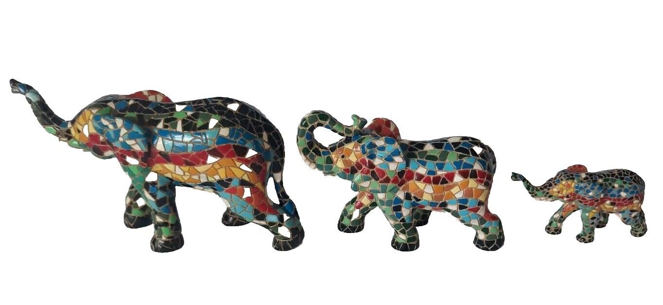 3 Vintage Barcino Mosaic Elephants Figurines Ceramic Spain 8