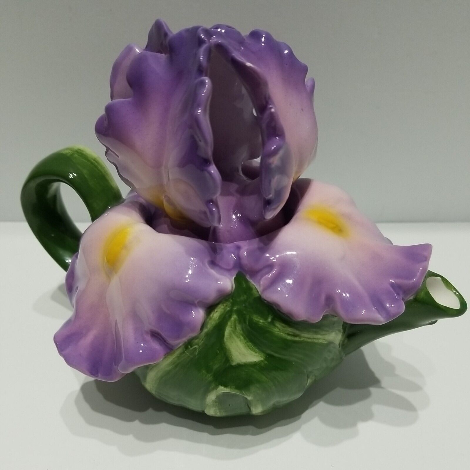 Purple Flower Leaf Tea Coffee Art Pot Iris Petal Lid Handmade VTG Unique NM
