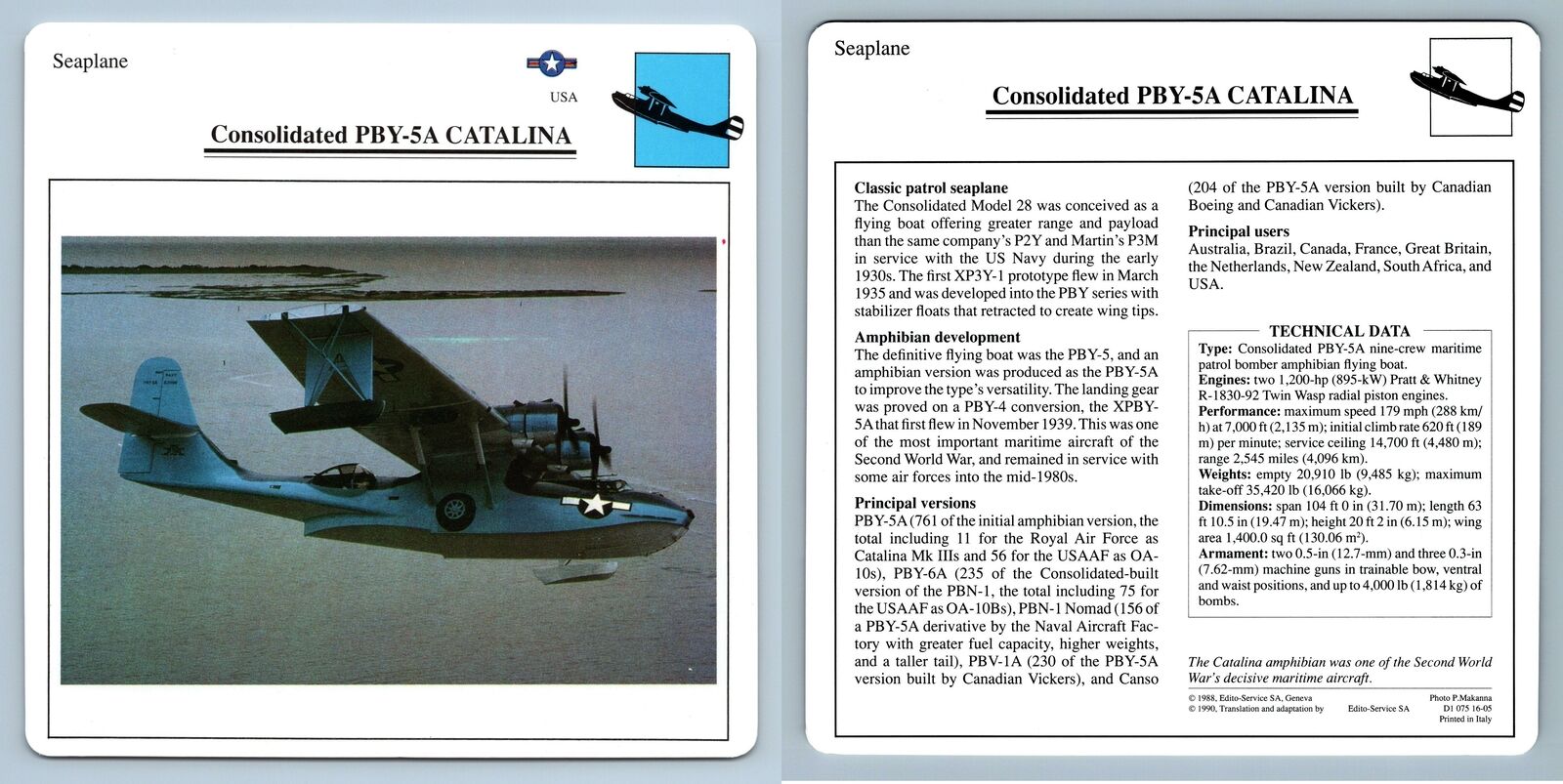 Consolidated PBY-5A Catalina - Seaplane  - Warplanes Collectors Club Card