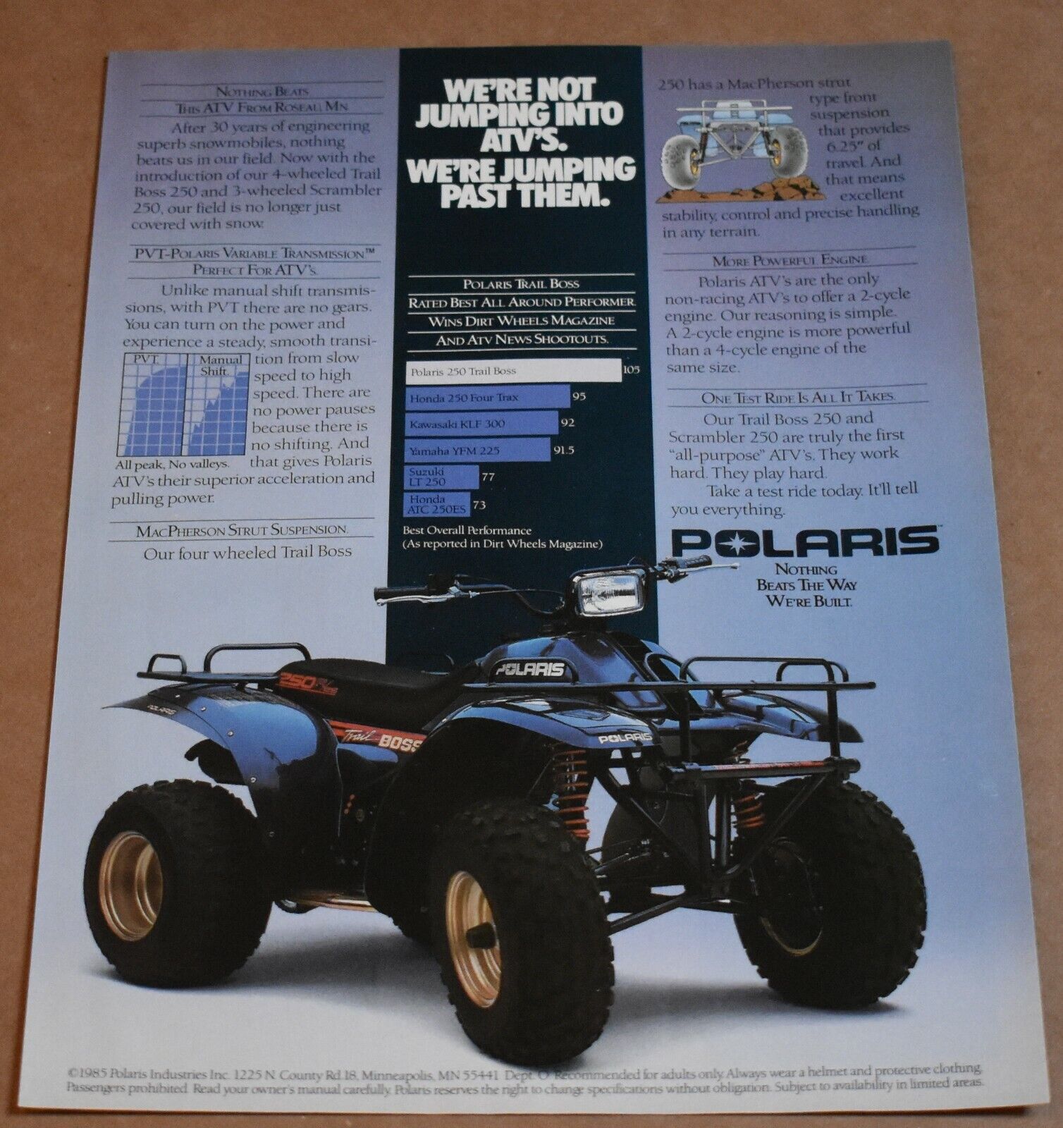 1985 Print Ad Polaris Nothing beats the way we're built four 4 wheeler ATV ride