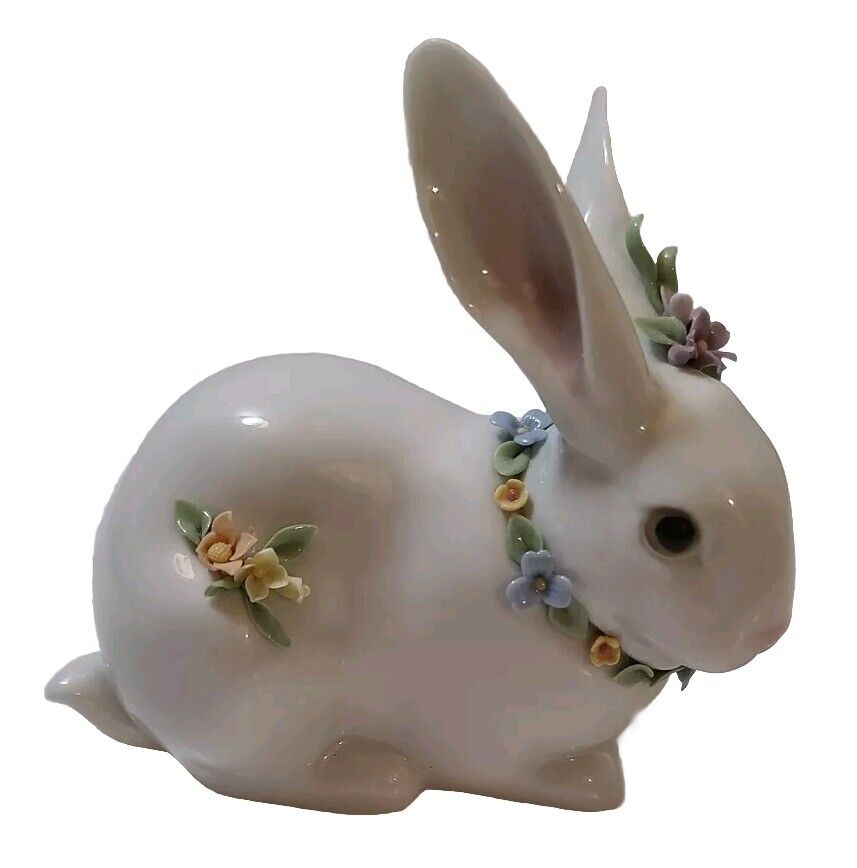 Vintage Lladro Attentive Bunny with Flowers 1993 Rabbit Figurine 