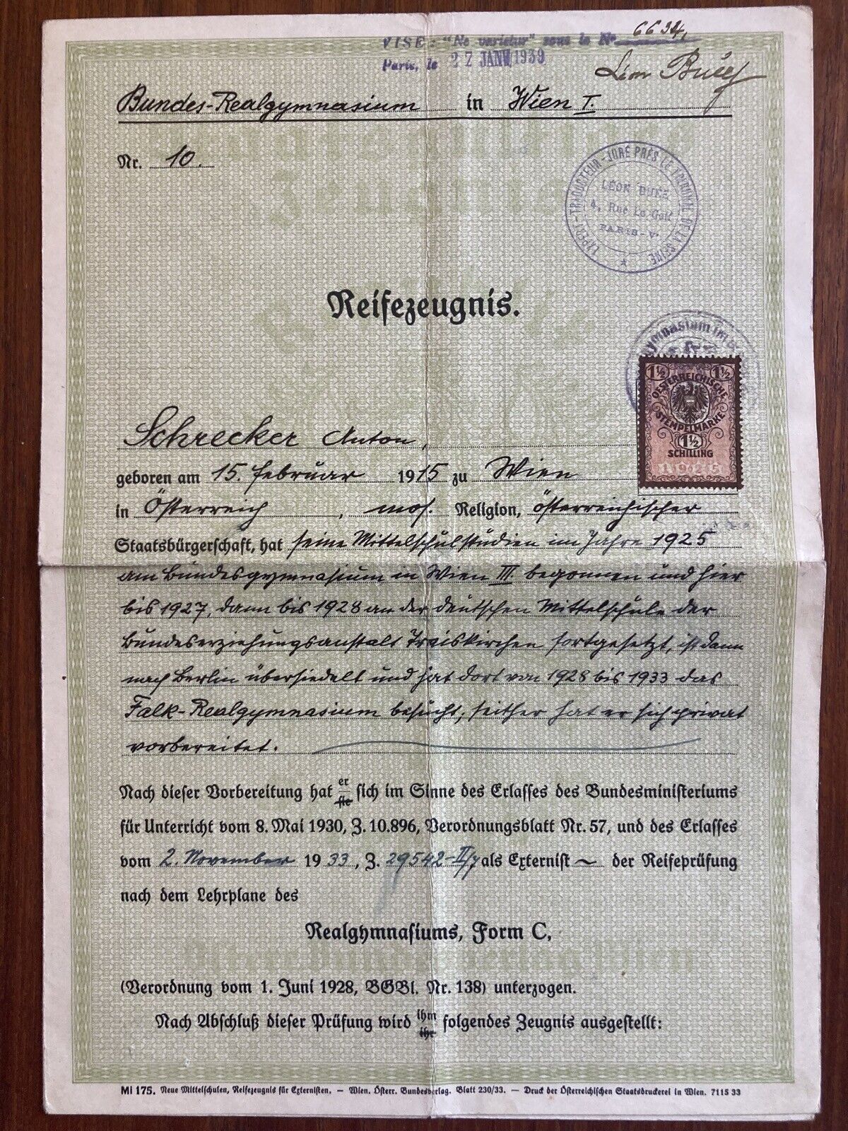 WWII  Vienna 1939 Jewish Refugee Document - Paris  w/ Austrian Revenue Stamp