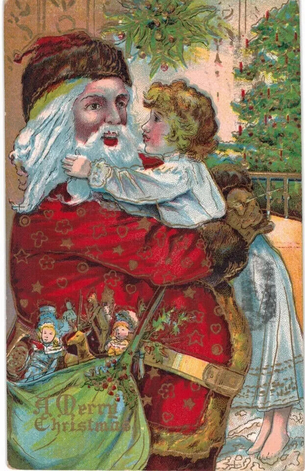 Red Robe Santa Claus with Little Girl~Toys~Antique~Christmas  Postcard ~k266