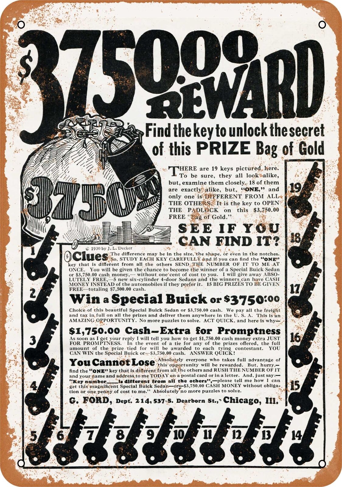 Metal Sign - 1930 Find the Key and Win a Prize -- Vintage Look
