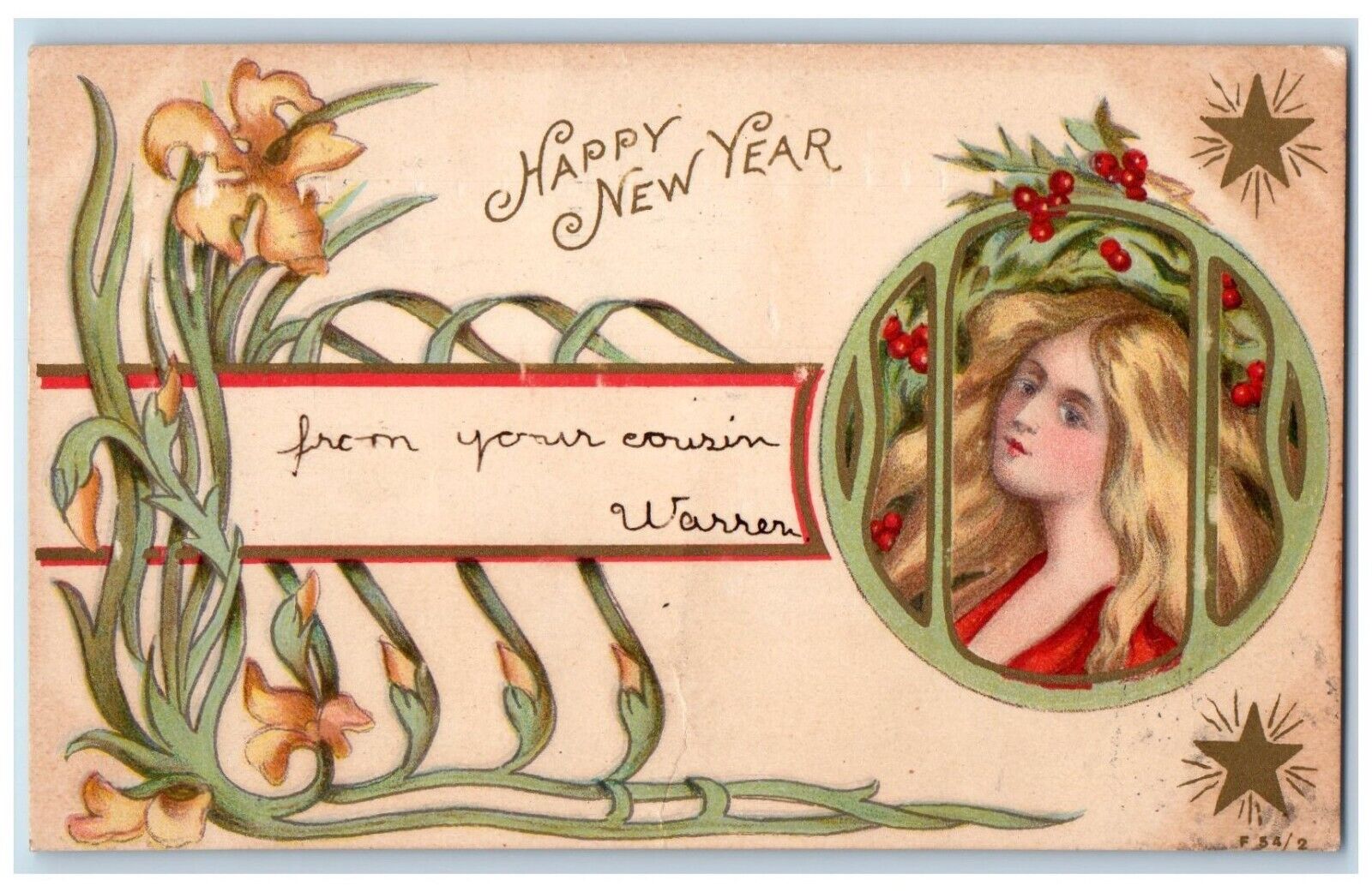 1906 Pretty Woman Holly Berries Flowers Stars Art Nouveau Boston MA Postcard