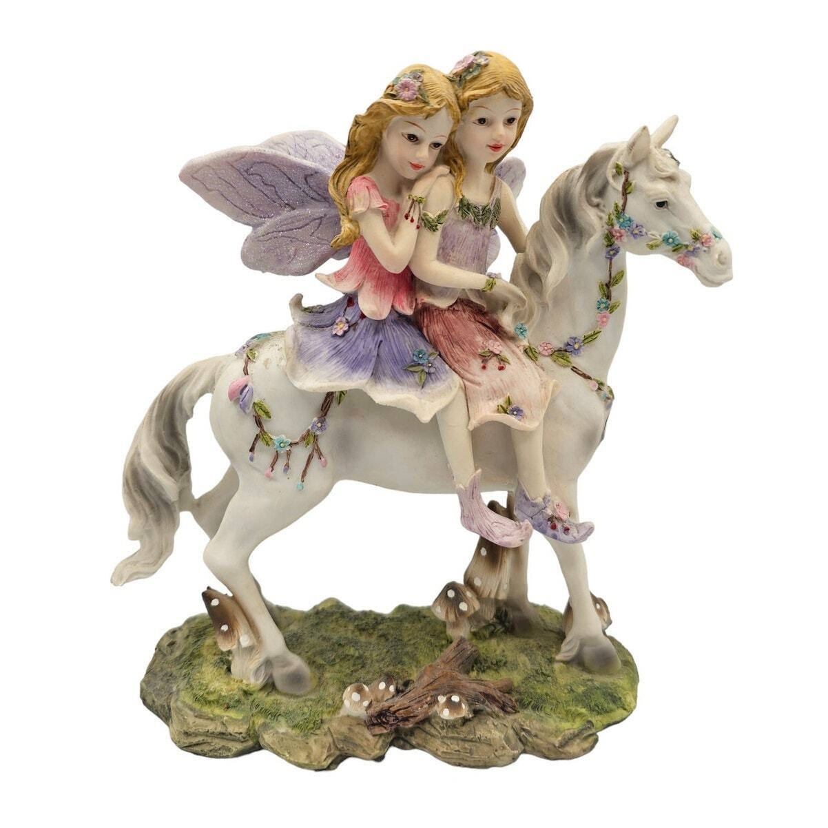 Vintage 1990s Twin Teen Fairies On Unicorn Figurine Whimsical