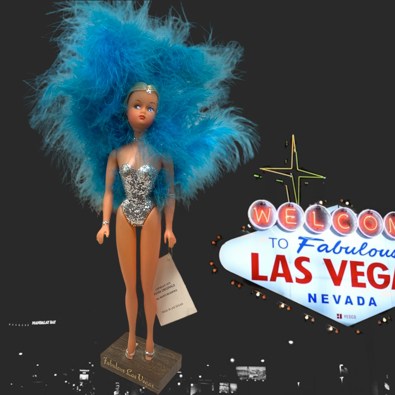 Vintage 1979 Fiona Originals Las Vegas Show Girl Doll Blue Feathers New NWT