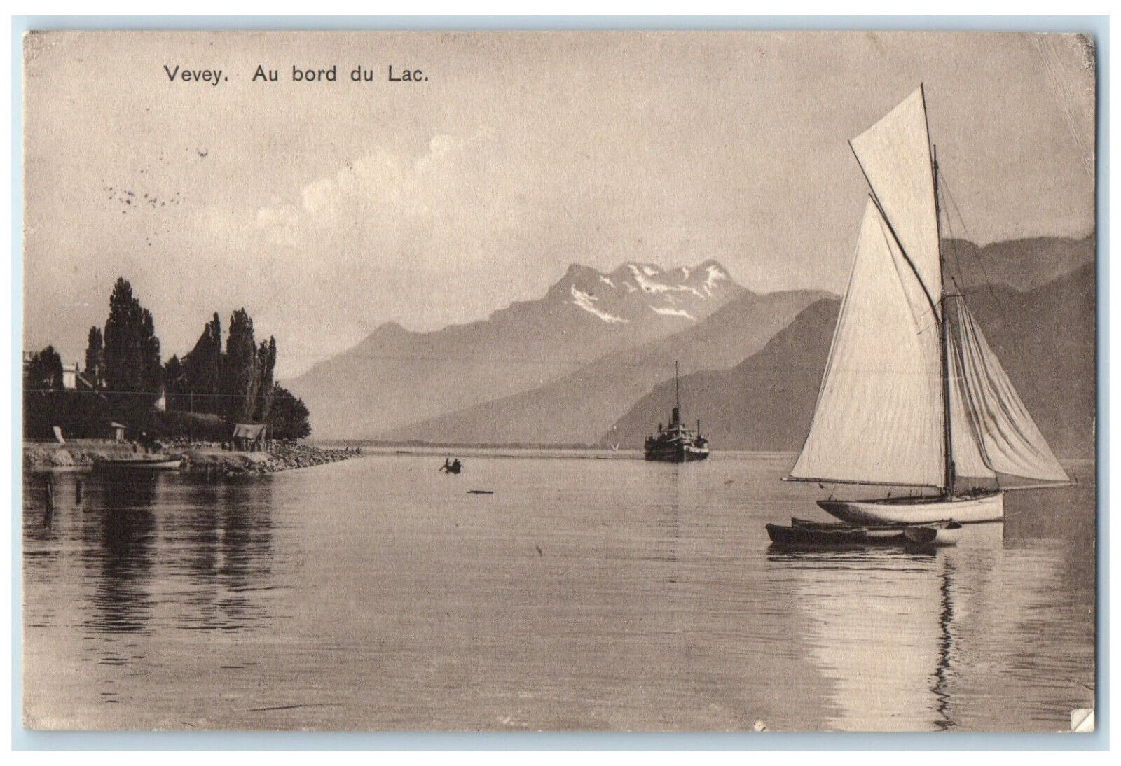 1909 Boat Sailing Au Bord Du Lac Vevey Switzerland Posted Antique Postcard