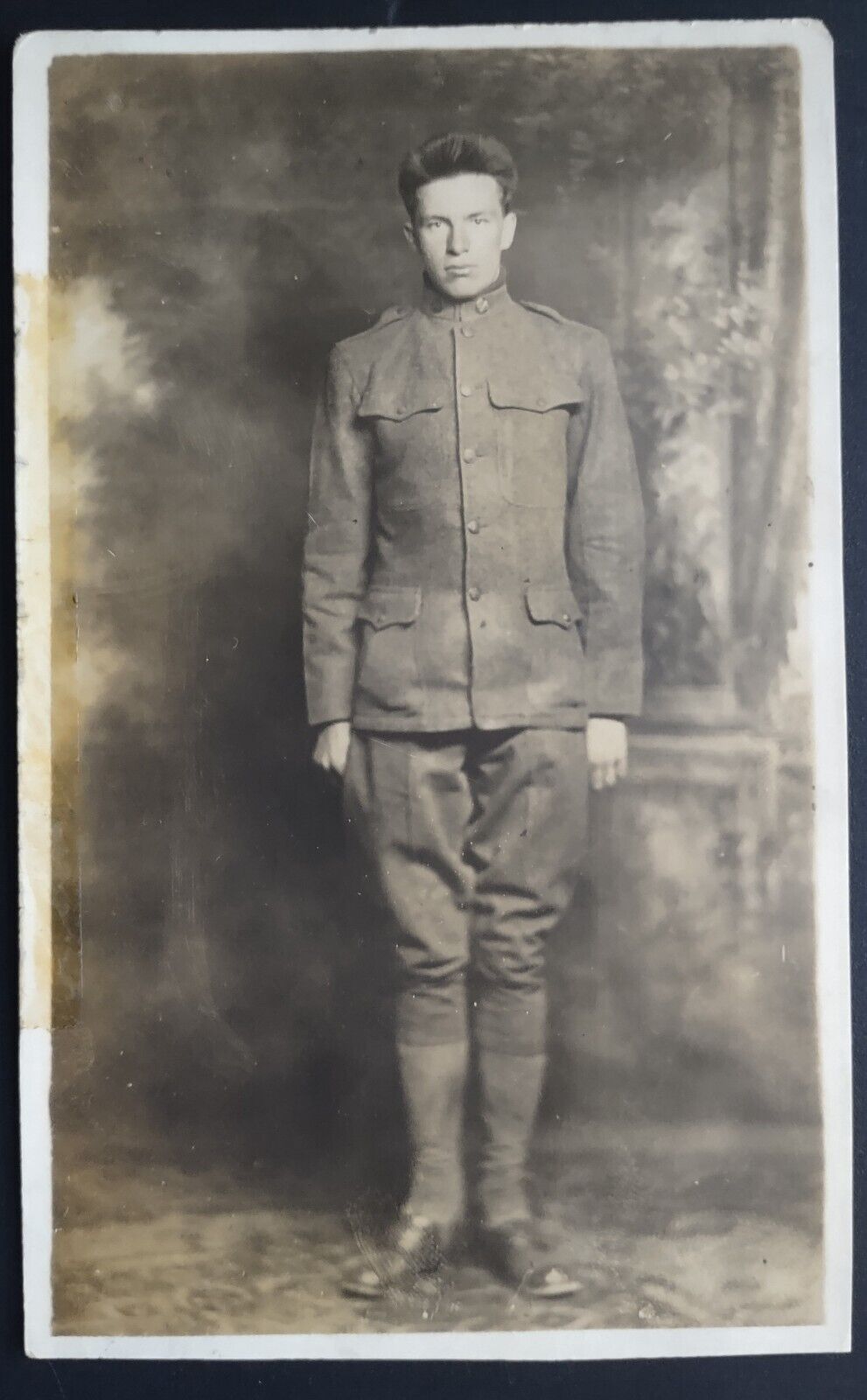 RPPC Young Man Posing in Military Uniform WWI Doughboy AZO Stamp Box