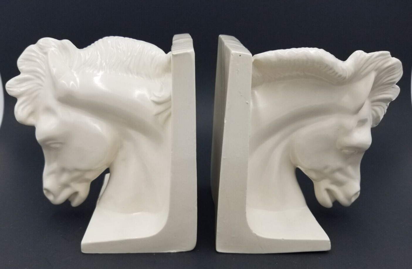 Vtg Ivory Ceramic Stallion Bookend Set Pottery Studio Detailed Face Head