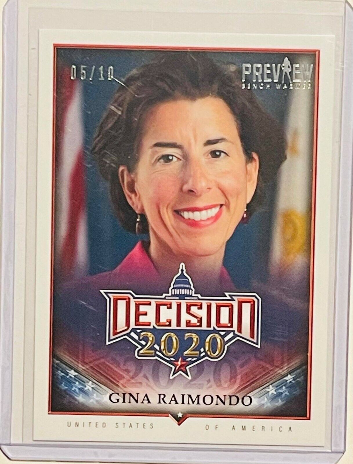 GINA RAIMONDO 2020 LEAF #/d 05/10 DECISION PREVIEW CARD U.S. SECRETARY COMMERCE
