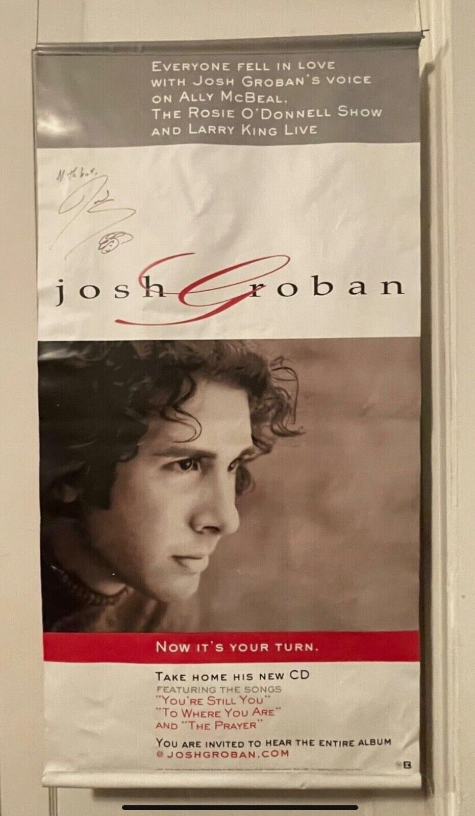 Josh Groban AUTOGRAPHED vintage debut album vinyl banner (circa 2001, pre-fame)