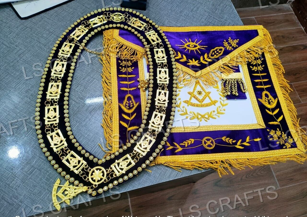 Masonic Past Master 100% Lambskin Apron Purple Velvet & Chain Collar +Free Jewel